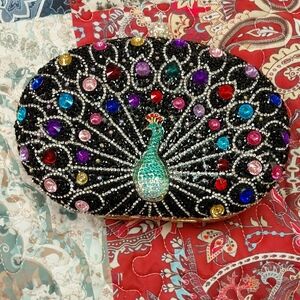 Embellished Peacock Crystal Black Clutch